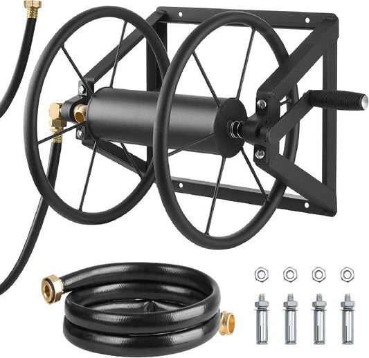 Wall Mounted Garden Hose Reel Holds 200 ft 5/8-Inch Manual Steel with Brass Fitting & 5ft Leader Hose