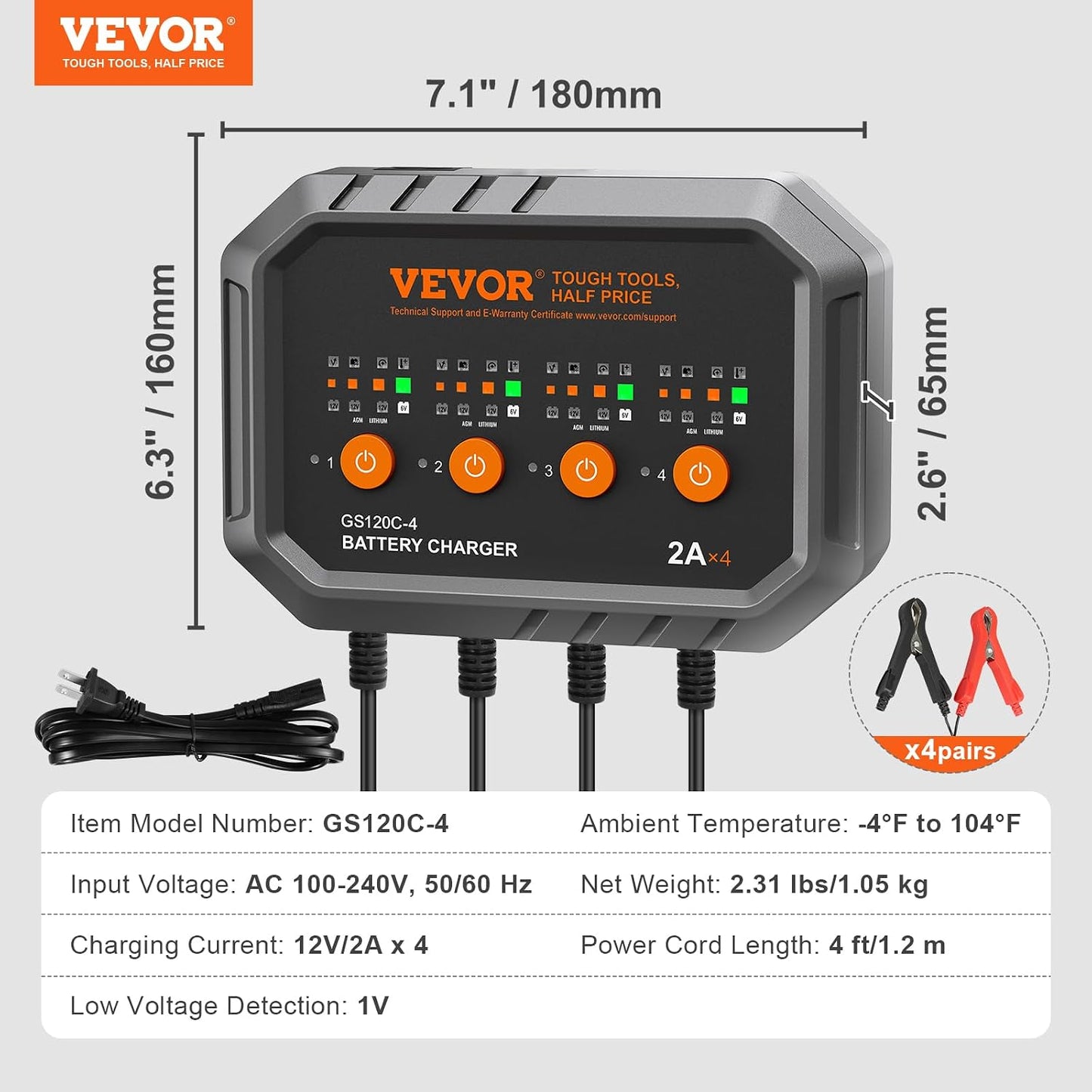 VEVOR Smart Battery Charger 2A x 4 LiFePO4 Lead-Acid Fully-Automatic Maintainer Desulfator