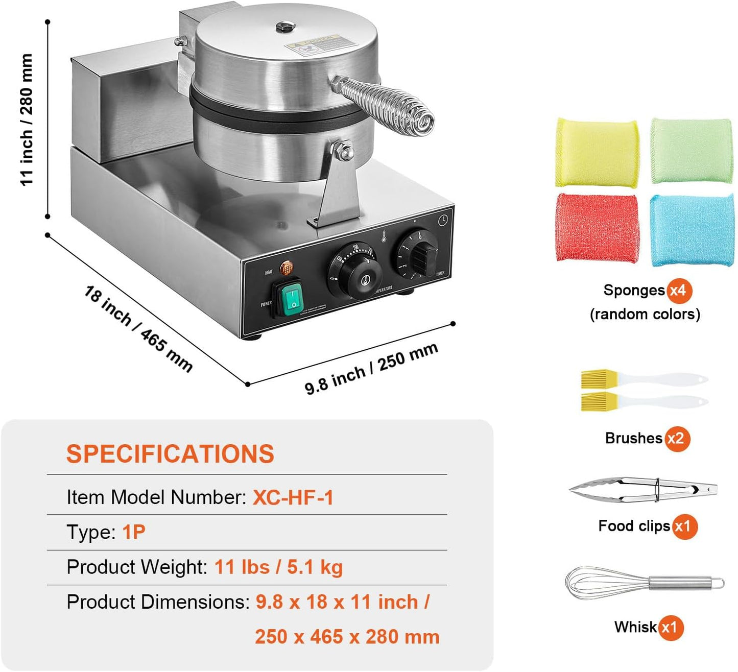 Commercial Waffle Maker 1230W Round Belgian Waffle Iron Non-Stick Stainless Steel with Temperature and Time Control