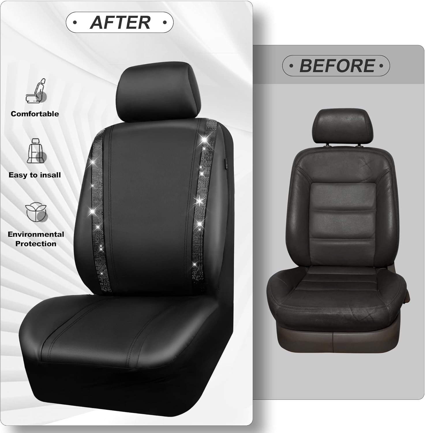 Leather Bling Diamond Car Seat Covers Full Set Rhinestone Waterproof Universal Fit Black