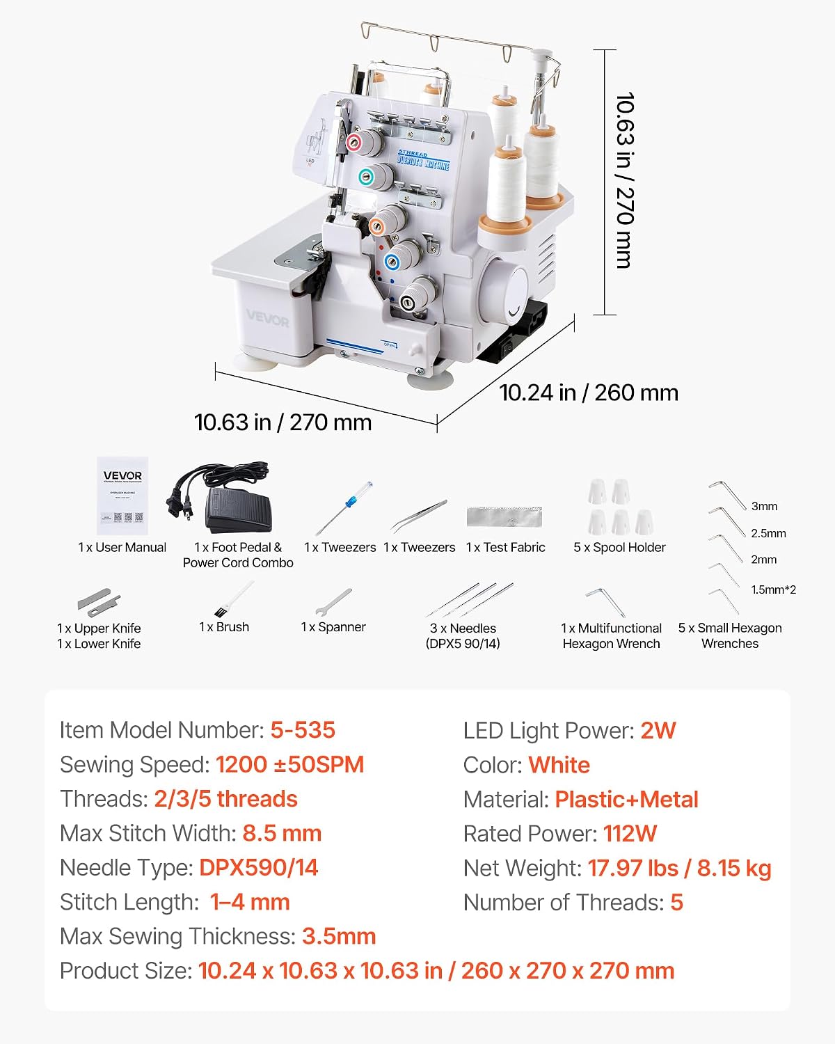 VEVOR Serger Overlock Sewing Machine 1250 Stitches Per Minute 2-3-5 Thread Capability with LED Light and Strong Suction Feet Heavy-Duty Metal Frame for Various Fabrics White