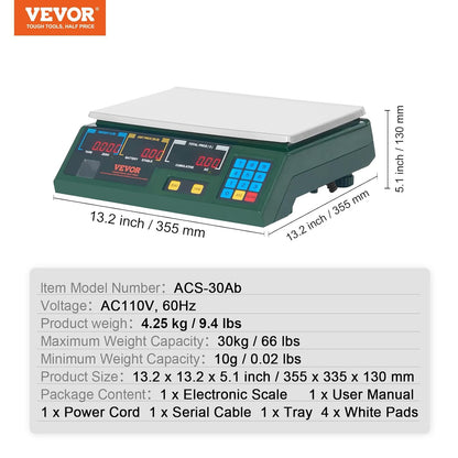 Digital Price Computing Scale 66 Lb Dual LCD Display Connectable Label Printer