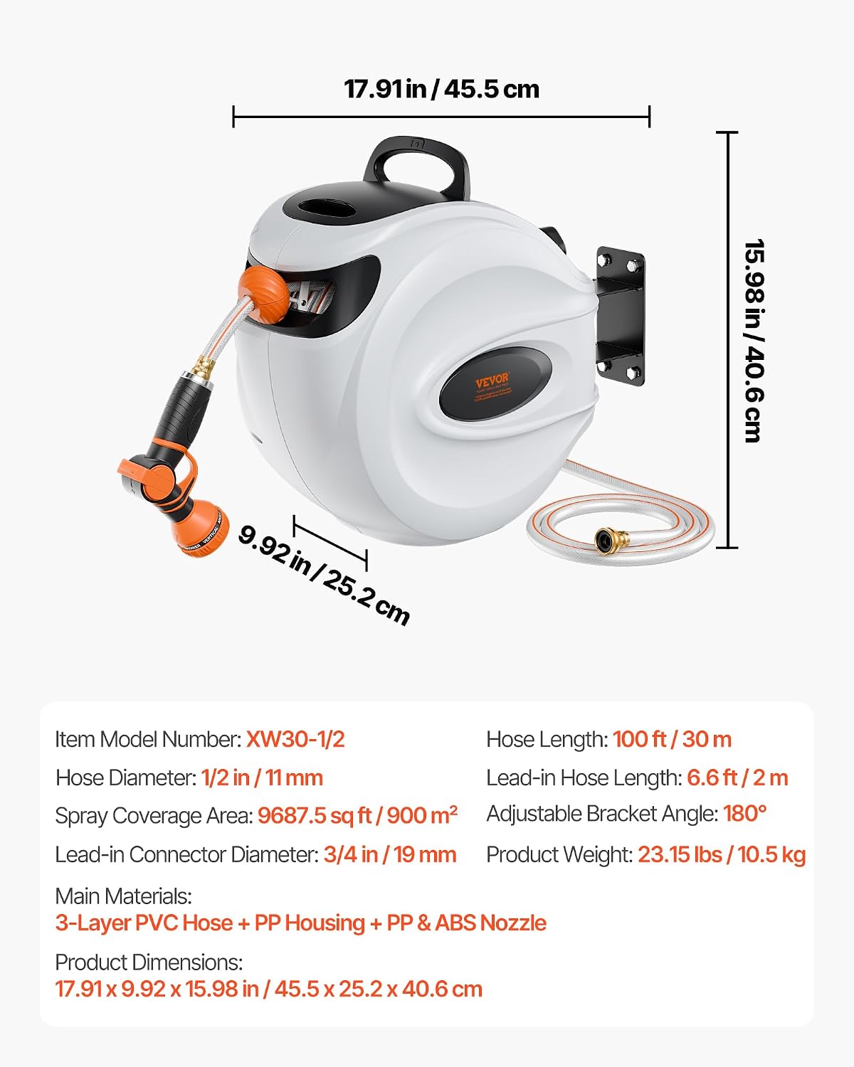 VEVOR Retractable Garden Hose Reel 100 ft x 1/2 inch with 9-Pattern Nozzle Wall-Mounted