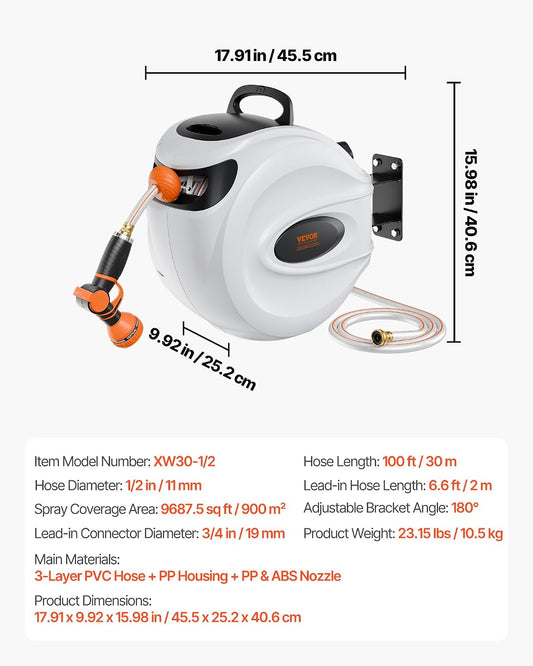 VEVOR Retractable Garden Hose Reel 100 ft x 1/2 inch with 9-Pattern Nozzle Wall-Mounted