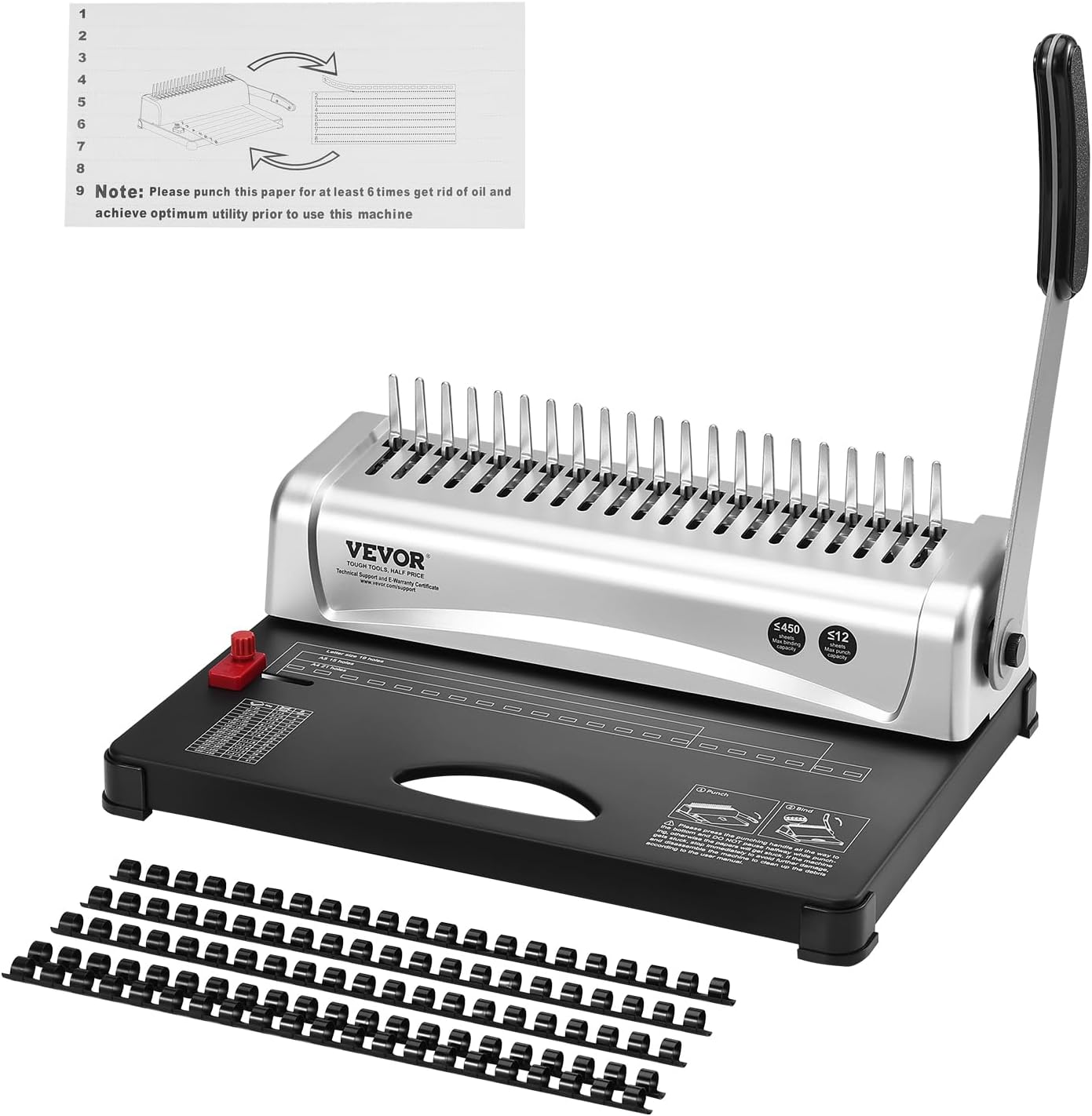 Comb Binding Machine 21-Holes 450 Sheets With 100 Pcs 3/8'' Spines For Letter A4 A5