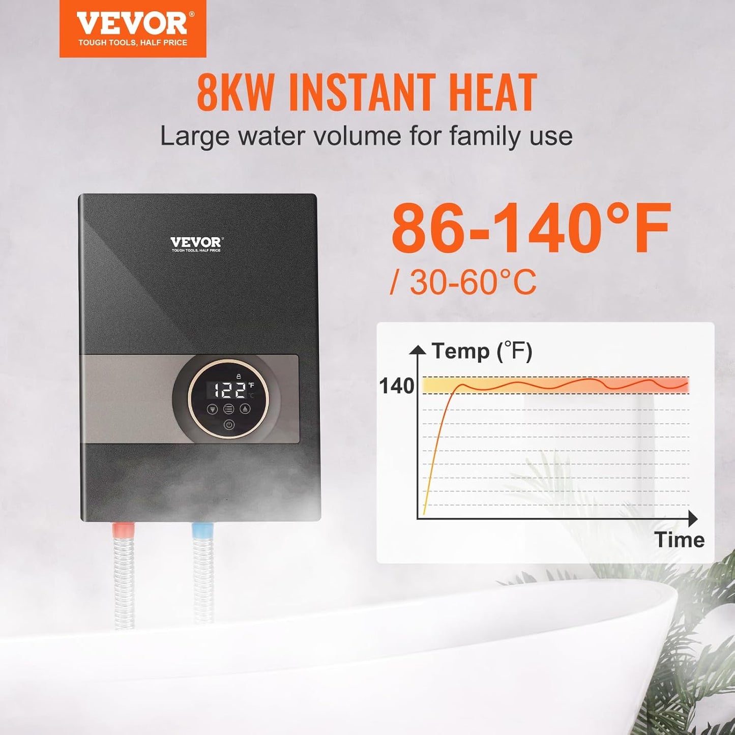 Tankless Water Heater Electric 8KW 240V Black Instant LCD Touch Screen Digital Temperature Display Child Security Lock On Demand For Bathroom Kitchen Shower Mall Salon