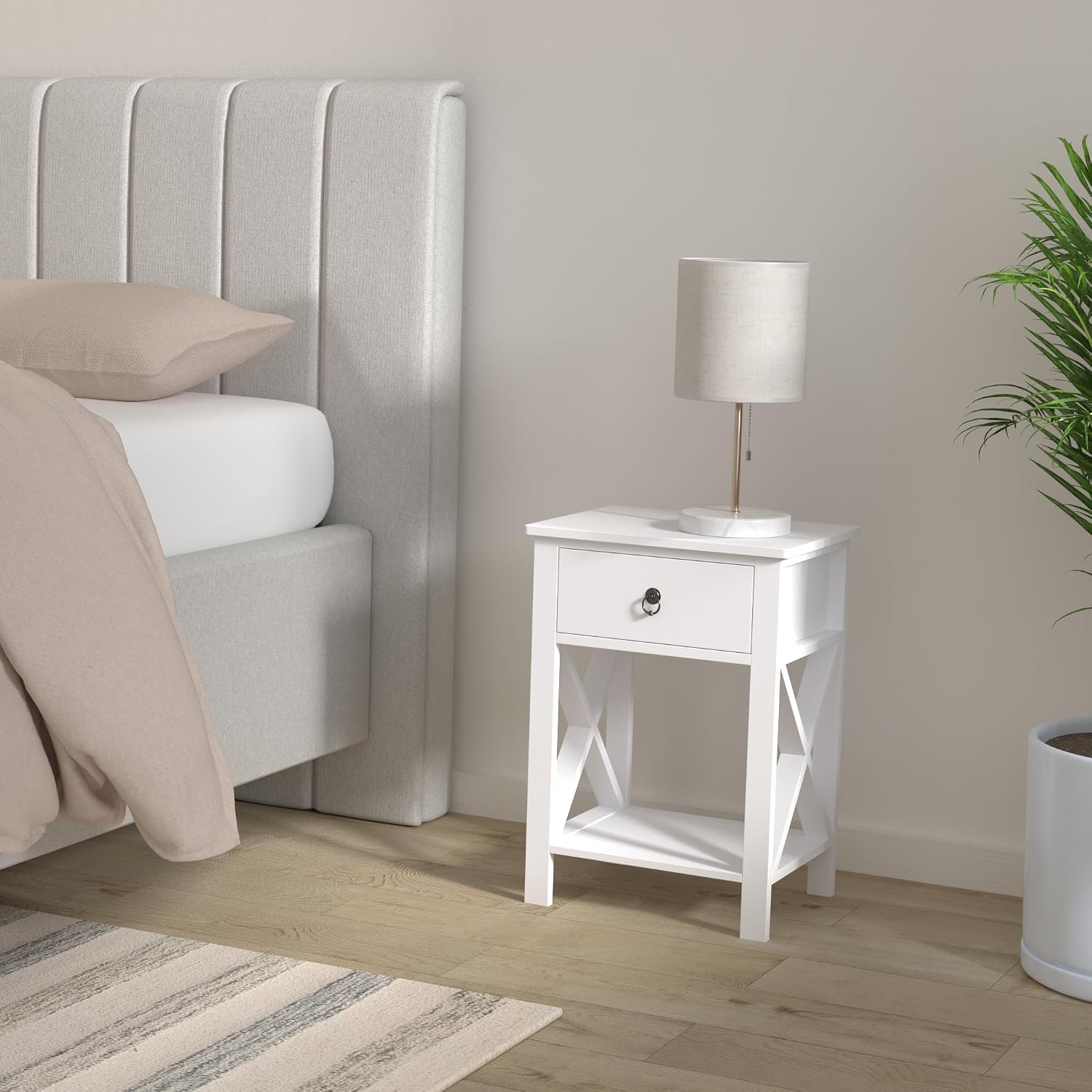End Table with Storage Shelf and Drawer Industrial White