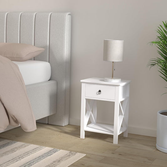 End Table with Storage Shelf and Drawer Industrial White
