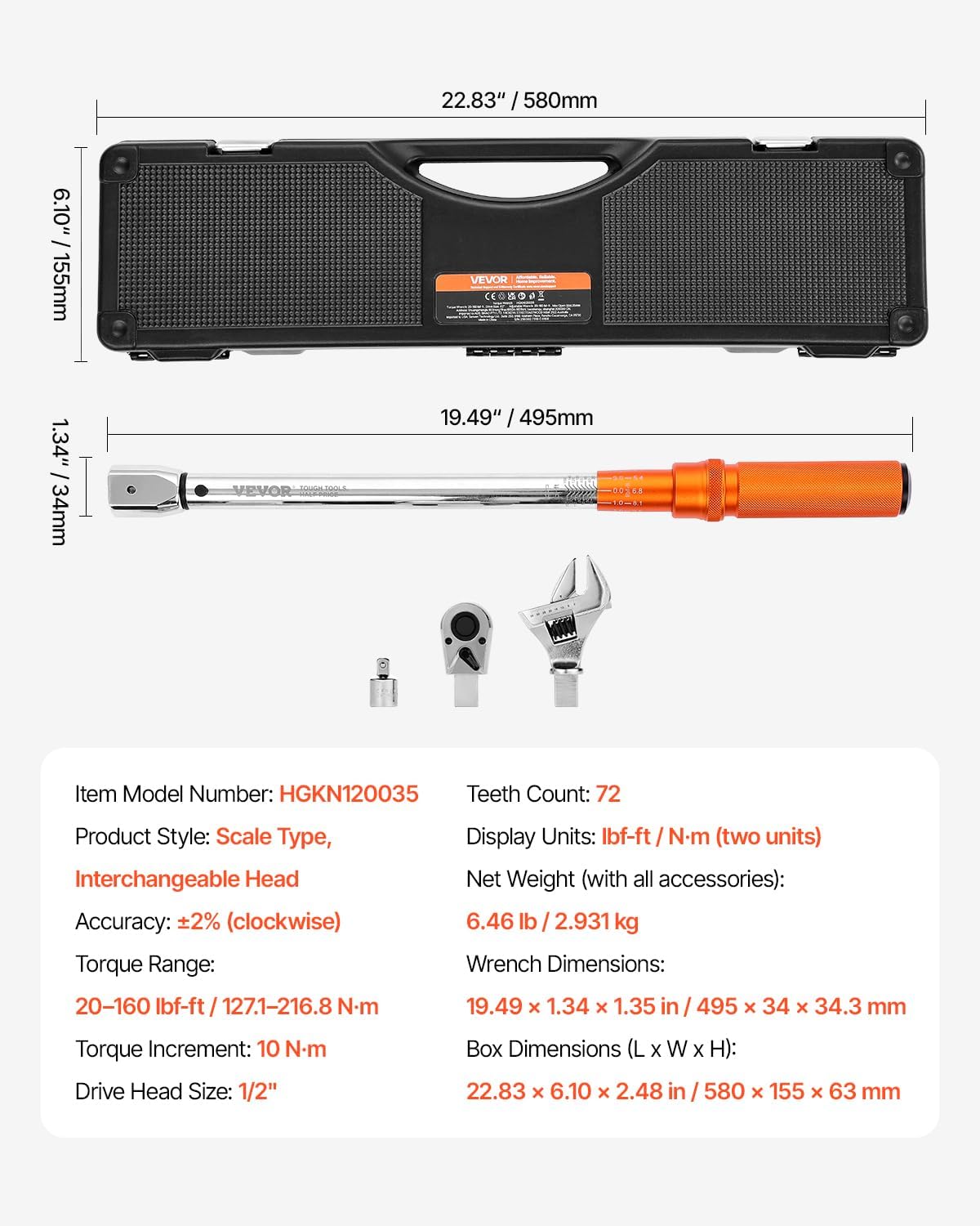 Adjustable Torque Wrench 1/2 Inch Drive 20-160Ft.lb 38MM Open End Interchangeable Jaw & Ratchet Head For HVAC Car Moto Narrow Pipeline