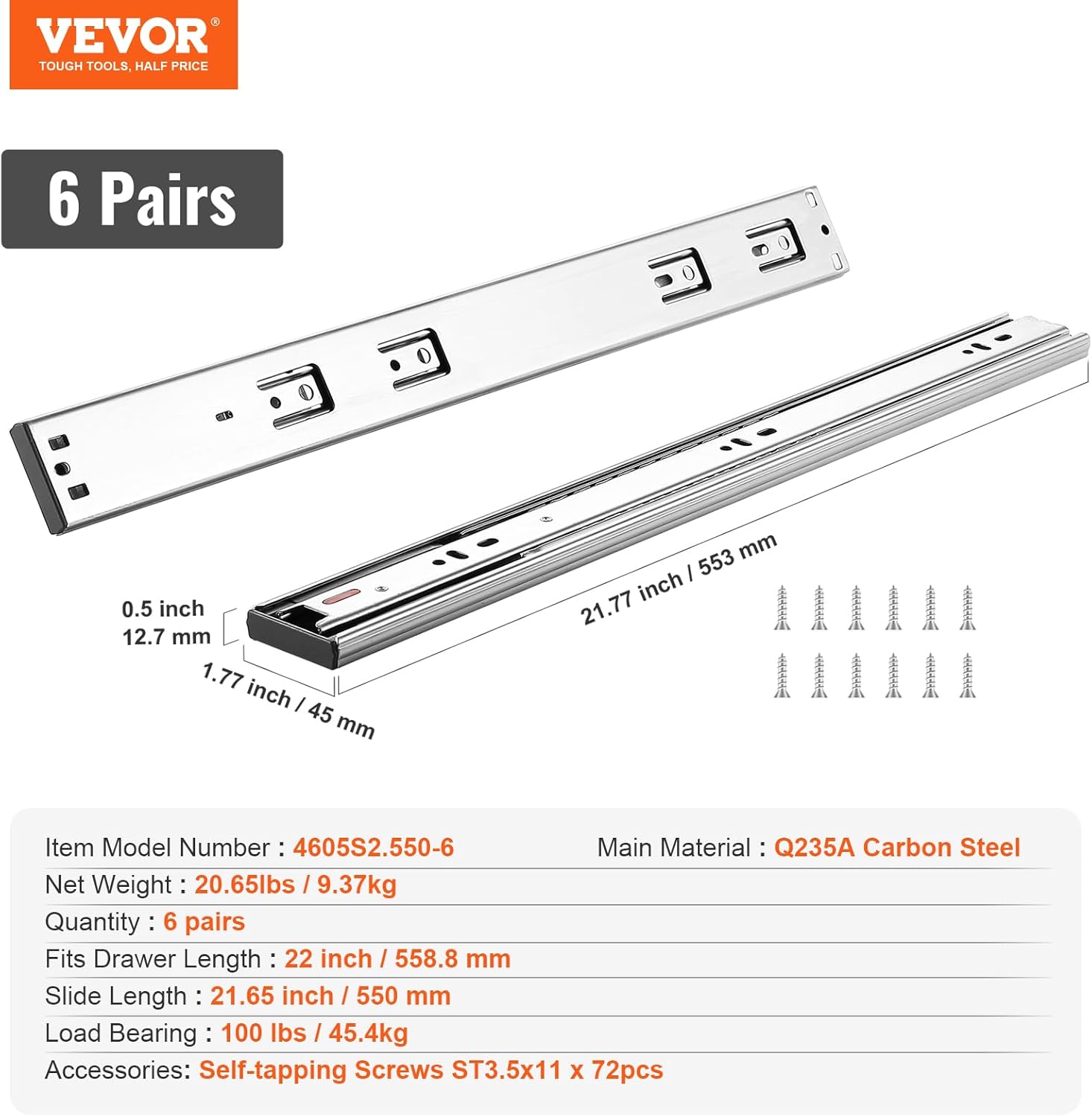 VEVOR Soft Close Drawer Slides 6 Pairs 22 Inch Heavy Duty Full Extension Side Mount Ball Bearing Drawer Glides Kitchen Cabinet Rails 100LB Load Capacity