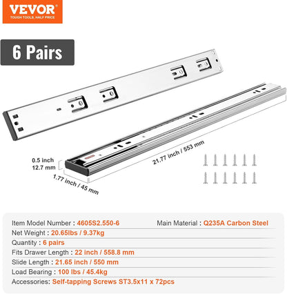 VEVOR Soft Close Drawer Slides 6 Pairs 22 Inch Heavy Duty Full Extension Side Mount Ball Bearing Drawer Glides Kitchen Cabinet Rails 100LB Load Capacity