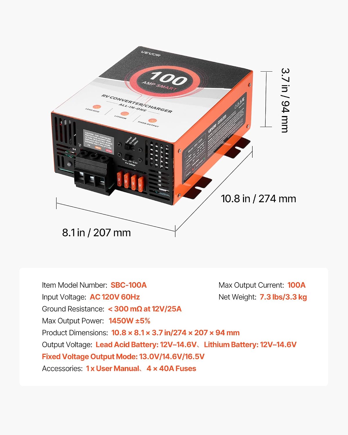 RV Power Converter 100 Amp 110V AC to 12V DC Multi Stage Smart Charger for Lithium & Lead Acid Battery