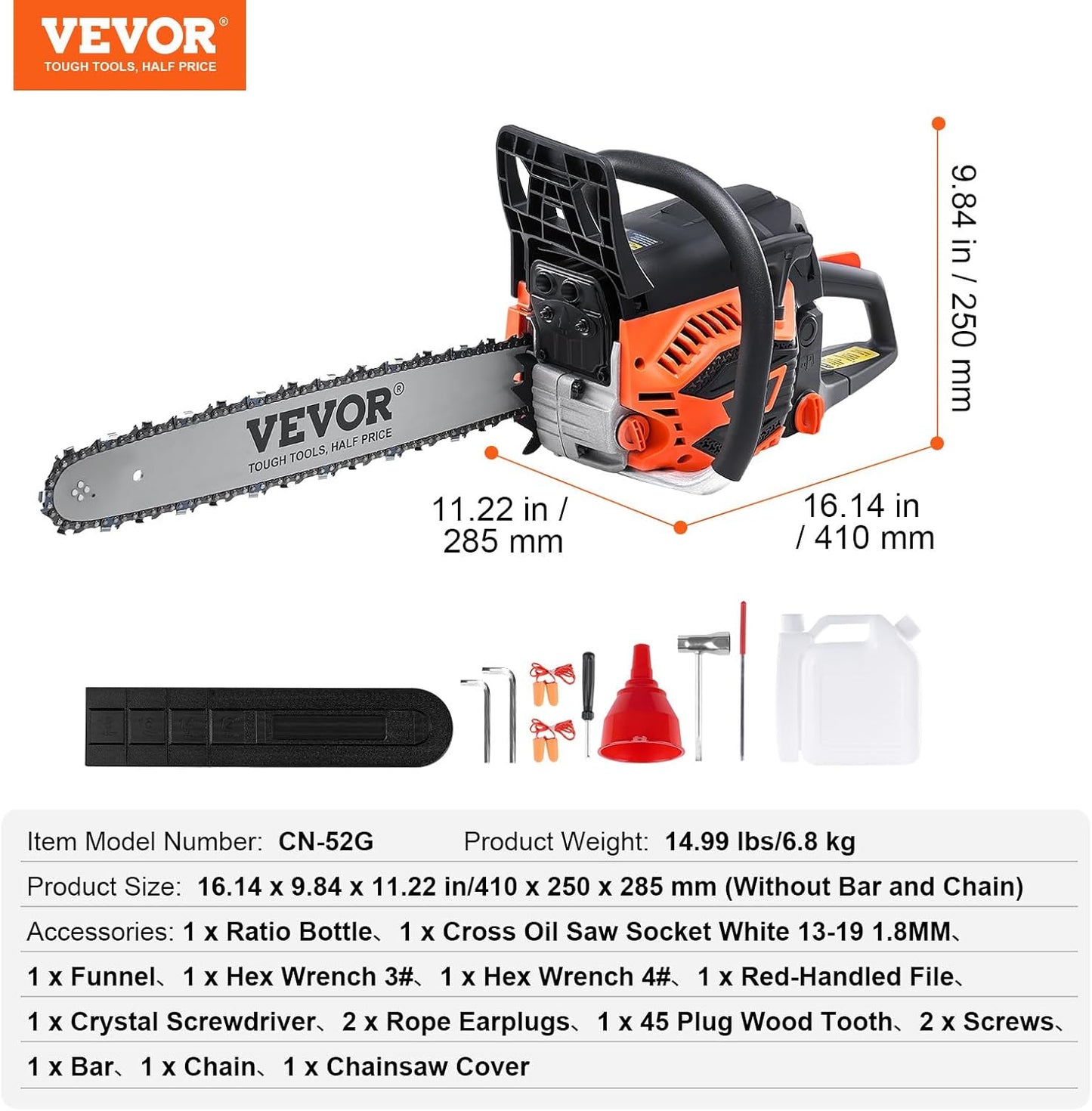 52cc 2-Cycle Gasoline Powered Chainsaw 18 Inch Handheld Cordless Petrol Chain Saw For Forest Wood Garden Farm Cutting