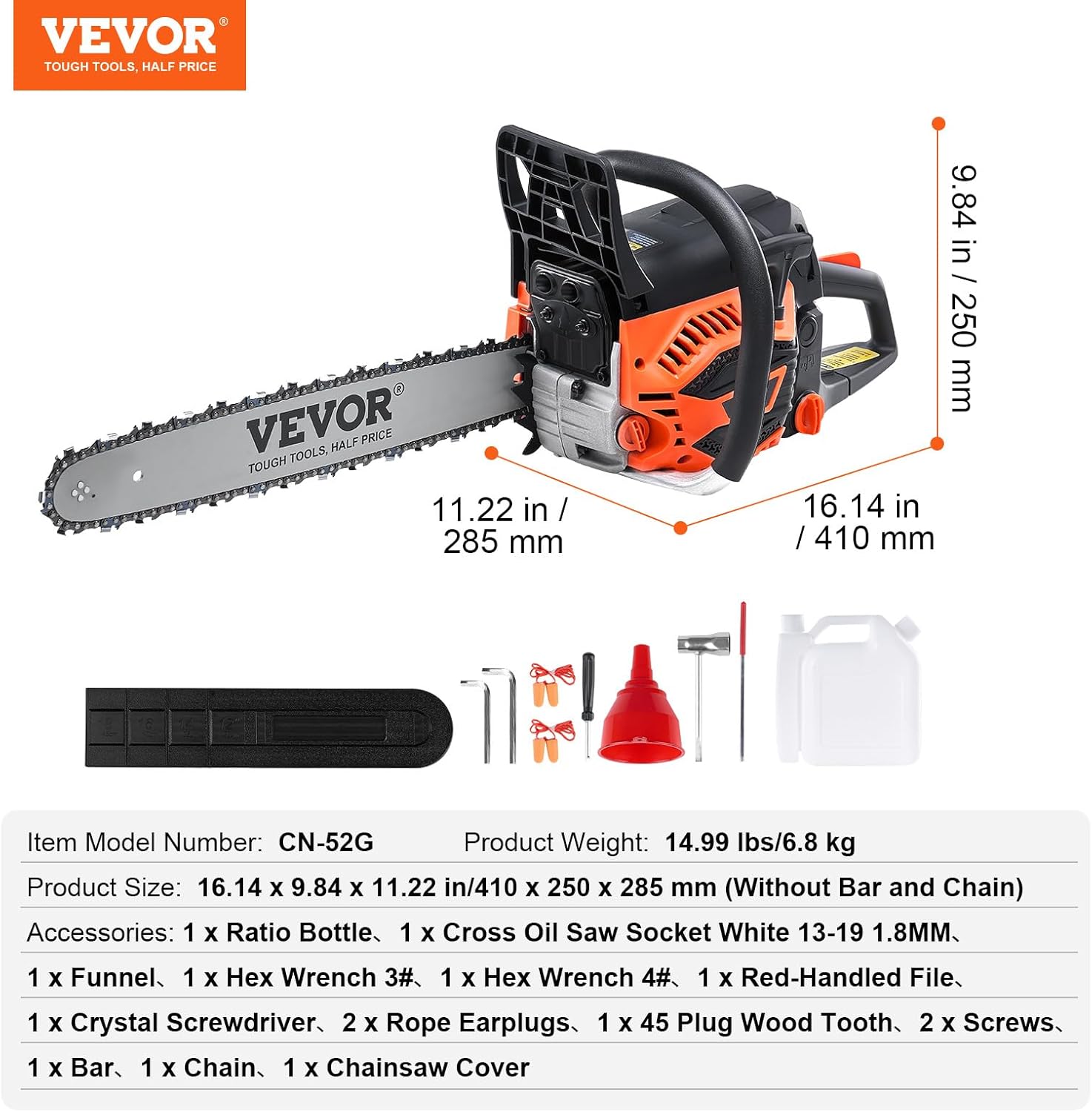 52cc 2-Cycle Gasoline Powered Chainsaw 18 Inch Handheld Cordless Petrol Chain Saw For Forest Wood Garden Farm Cutting