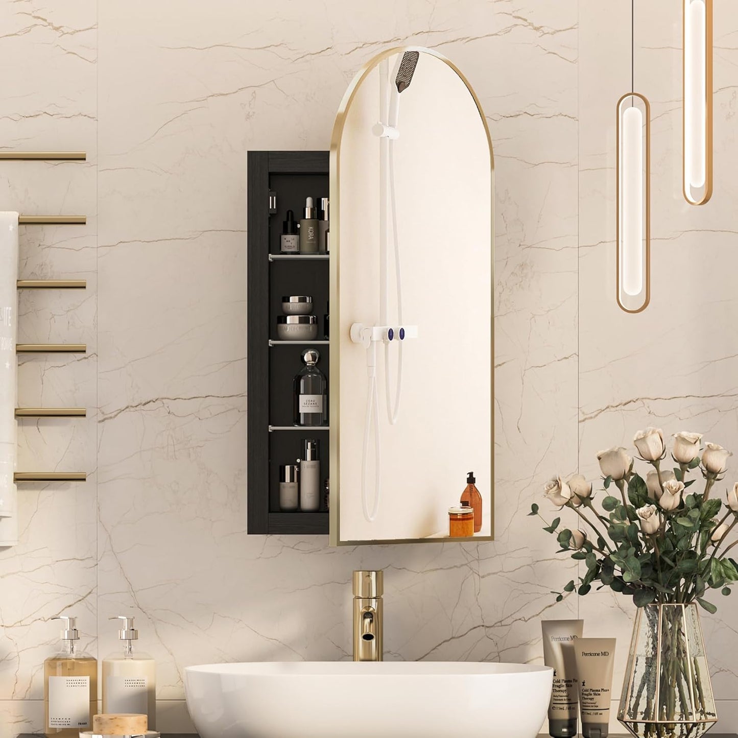 Recessed Arched Medicine Cabinet With Mirror 16x31 Black