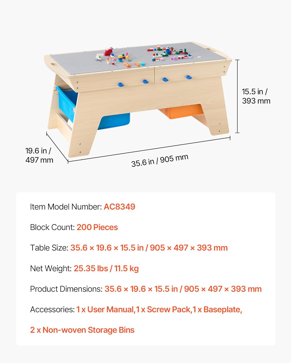 Kids Reversible Wooden Activity Table with 200 Building Bricks & 3 Storage Bins