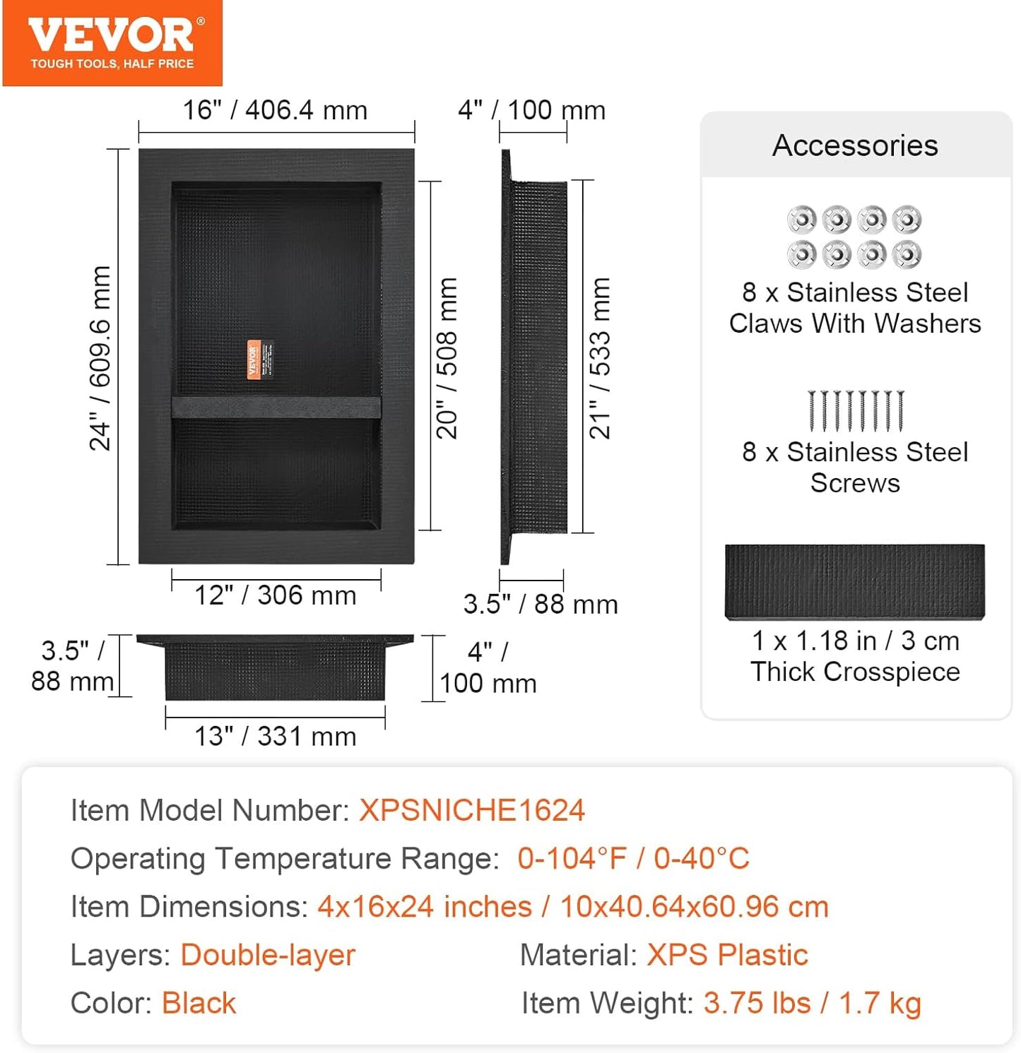 Shower Niche Ready for Tile 16 x 24 in Double Shelf Square Recessed Soap Storage Black
