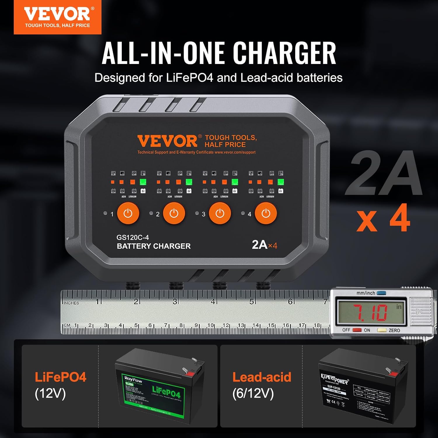 VEVOR Smart Battery Charger 2A x 4 LiFePO4 Lead-Acid Fully-Automatic Maintainer Desulfator