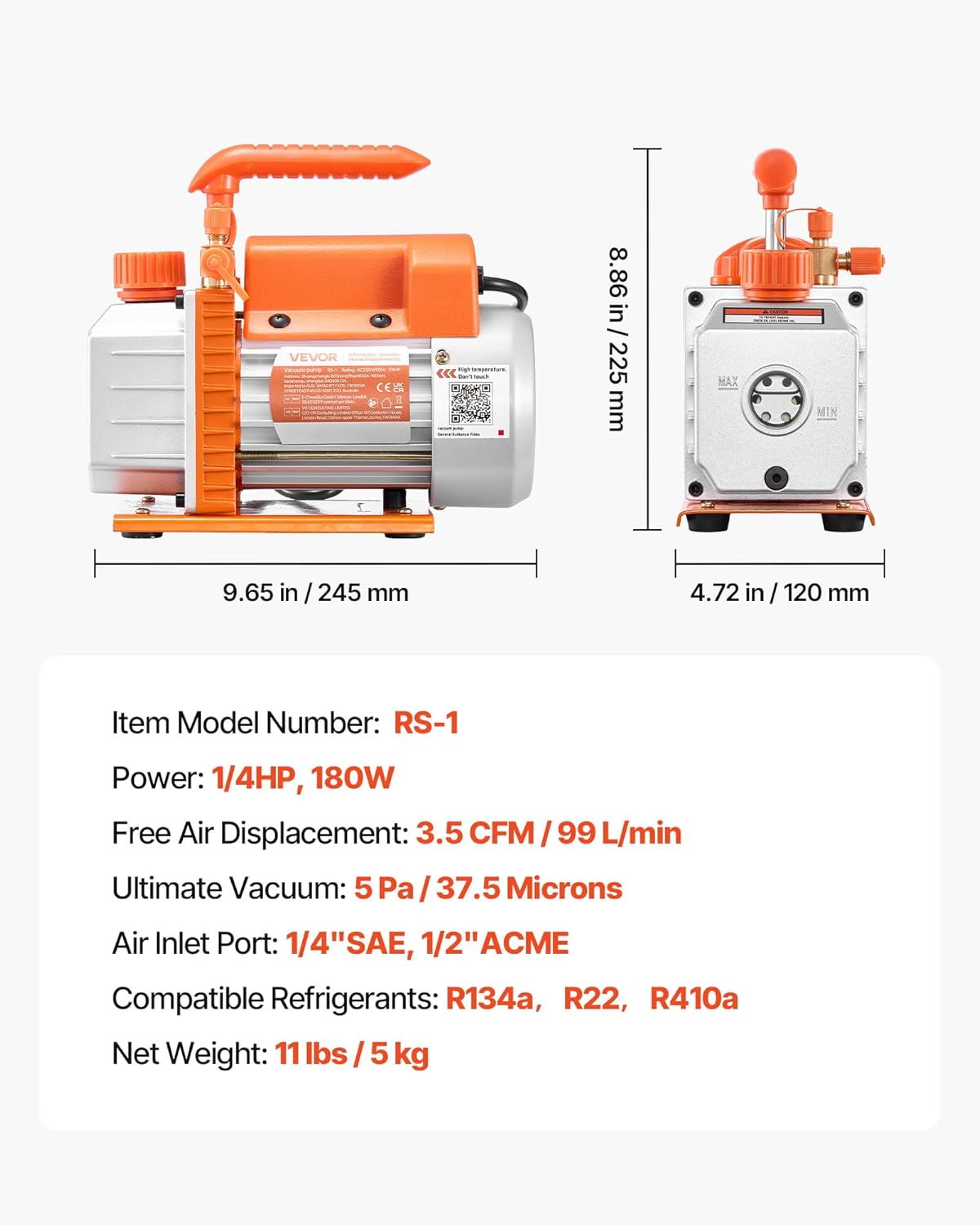 VEVOR Vacuum Pump 3.5 CFM 1/4 HP Single Stage Rotary Vane HVAC AC for R134a R22 R410a