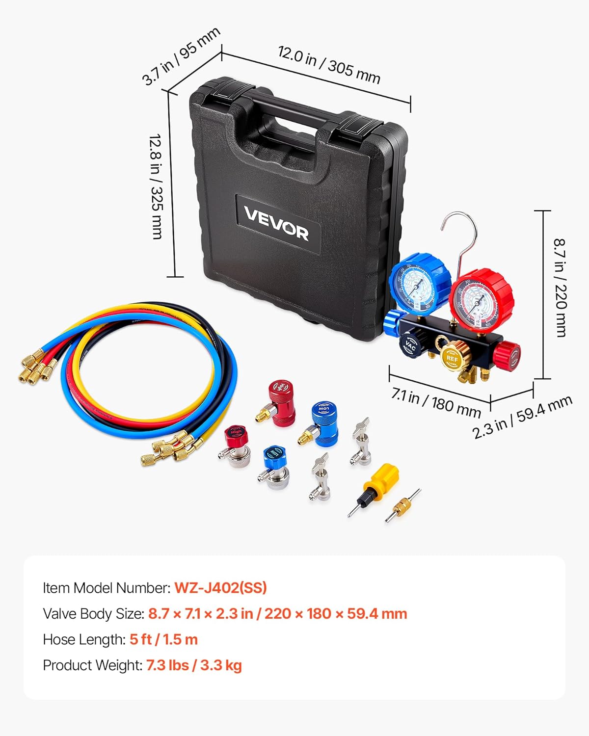 AC Manifold Gauge Set 4 Way for R134a R404A R1234yf R22 Refrigerant with 5 ft Hoses Adapters Quick Couplers Can Taps Automotive Air Conditioning