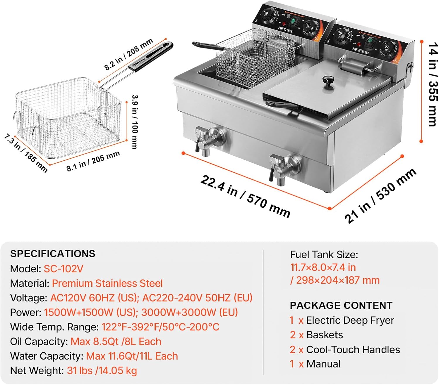 Commercial Deep Fryer Dual Tank 3000W Electric Countertop with Basket 2x11.6qt Stainless Steel