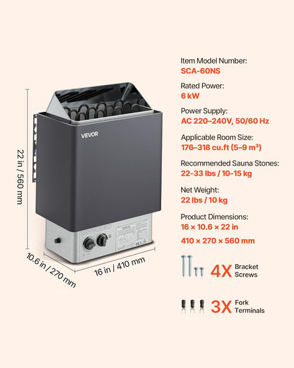 Electric Sauna Heater 6KW 220V with Timer and Adjustable Temp for 176-318 Cu Ft