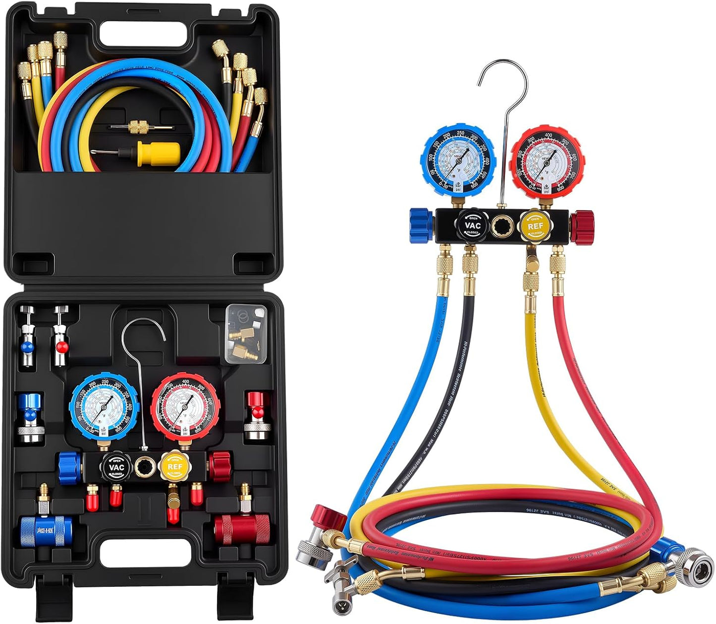 AC Manifold Gauge Set 4 Way for R134a R404A R1234yf R22 Refrigerant with 5 ft Hoses Adapters Quick Couplers Can Taps Automotive Air Conditioning