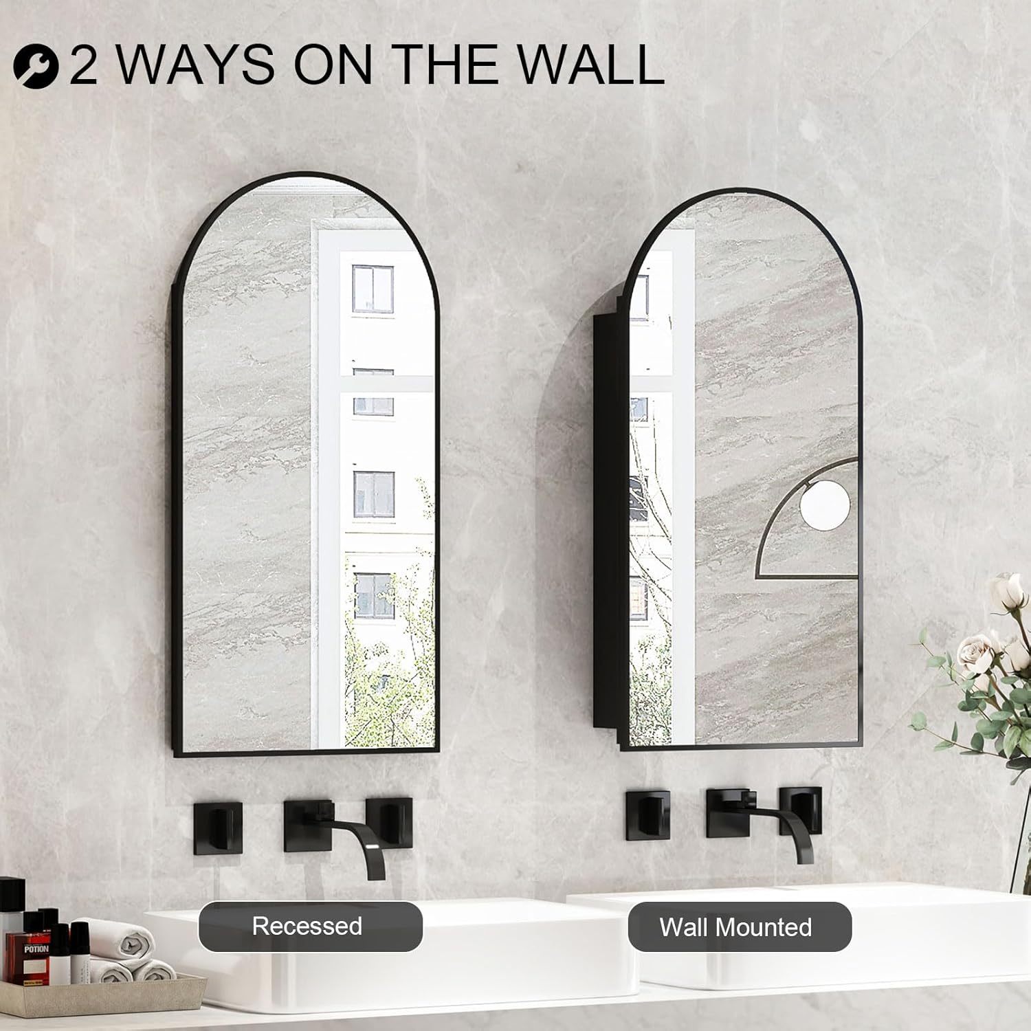 Recessed Arched Medicine Cabinet With Mirror 16x31 Black