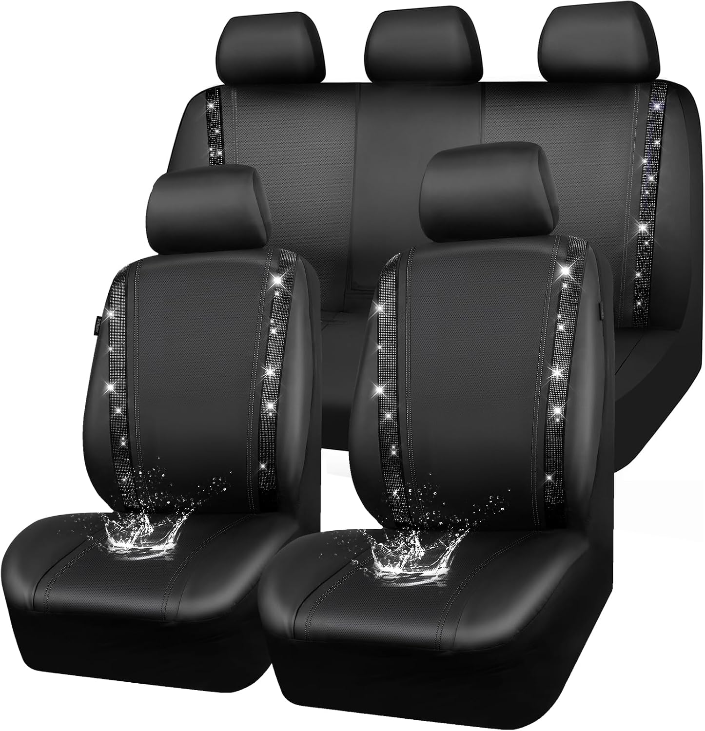Leather Bling Diamond Car Seat Covers Full Set Rhinestone Waterproof Universal Fit Black