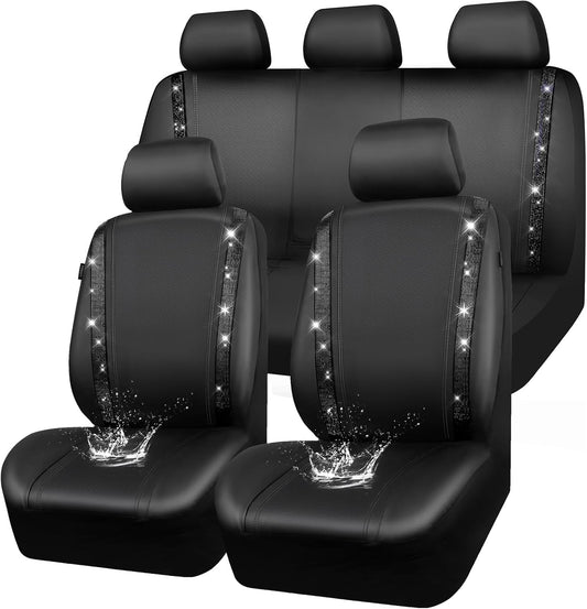 Leather Bling Diamond Car Seat Covers Full Set Rhinestone Waterproof Universal Fit Black