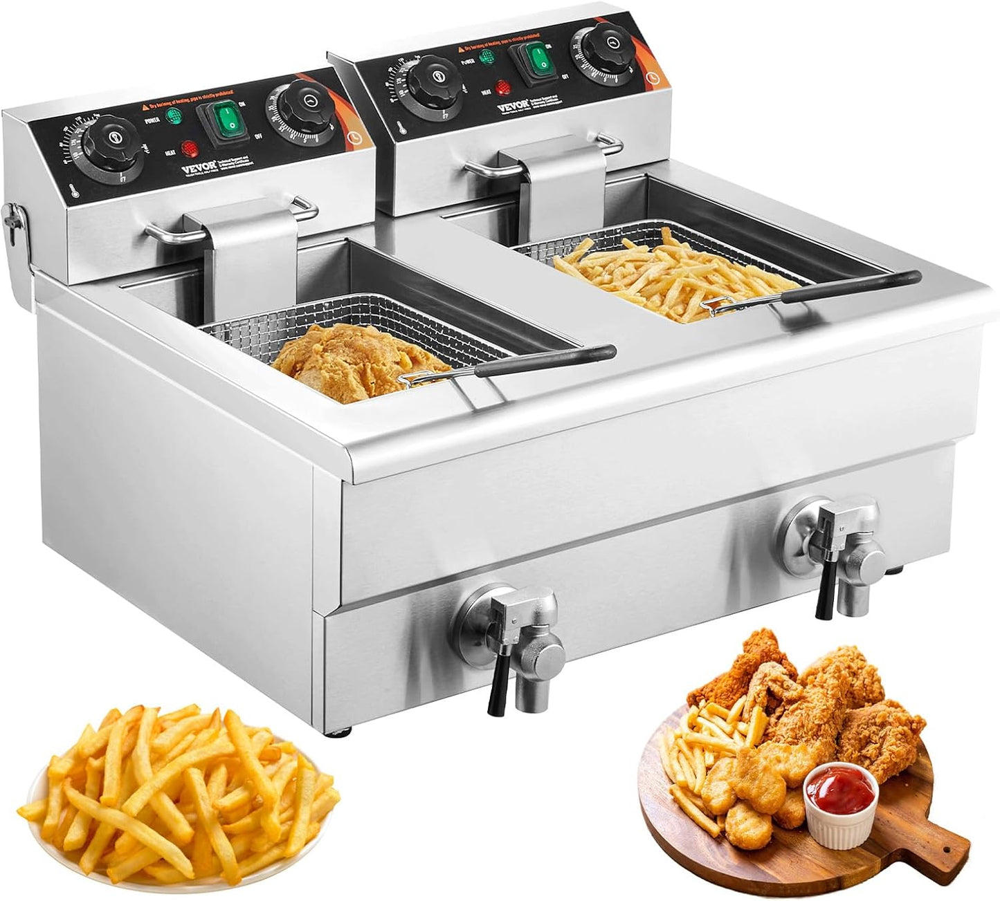 Commercial Deep Fryer Dual Tank 3000W Electric Countertop with Basket 2x11.6qt Stainless Steel