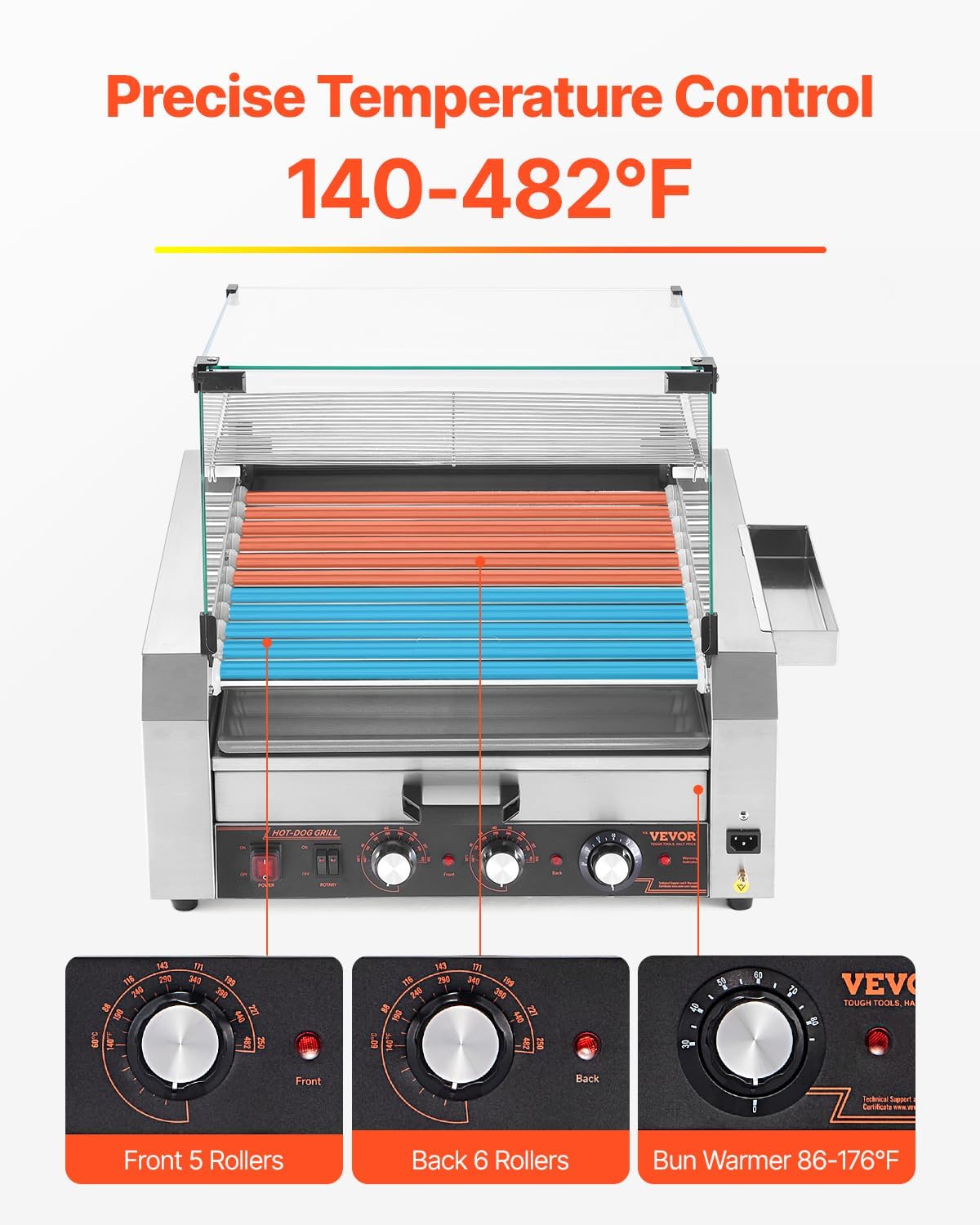 Hot Dog Roller 30 Hot Dog 11 Rollers Stainless Steel Sausage Grill Cooker 1950W with Bun Warmer Cover 3 Temp Control Side Storage Box Oil Drip Tray