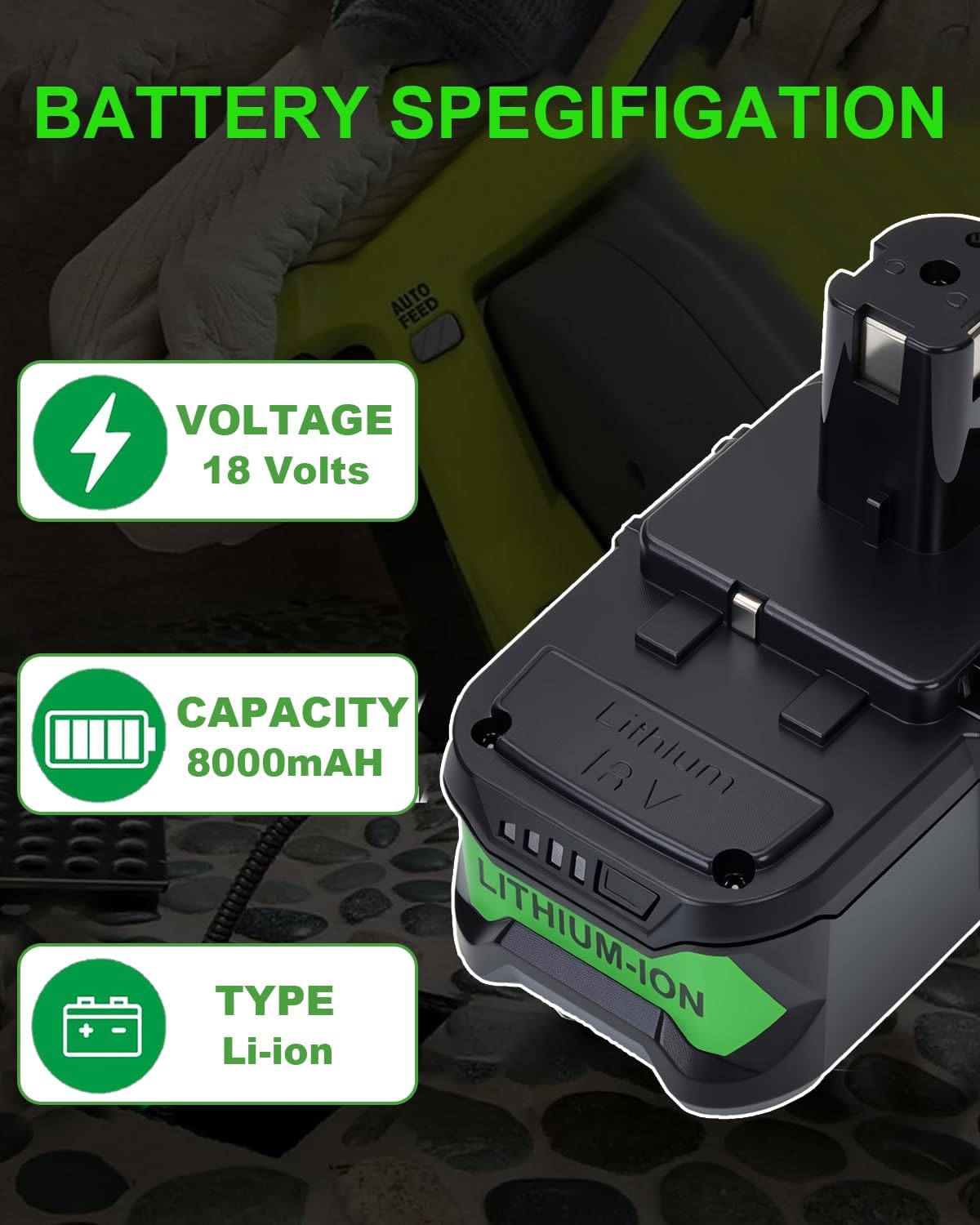 18V 8000mAh Replacement Battery for Ryobi ONE+ P108 P104 P105 P102 P103 P109 P122, 2-Pack