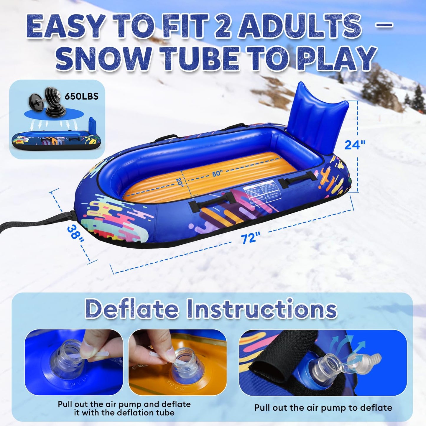 2-Person Snow Tube Heavy-Duty Inflatable Sled with 600D Cover, Backrest & Tow Rope