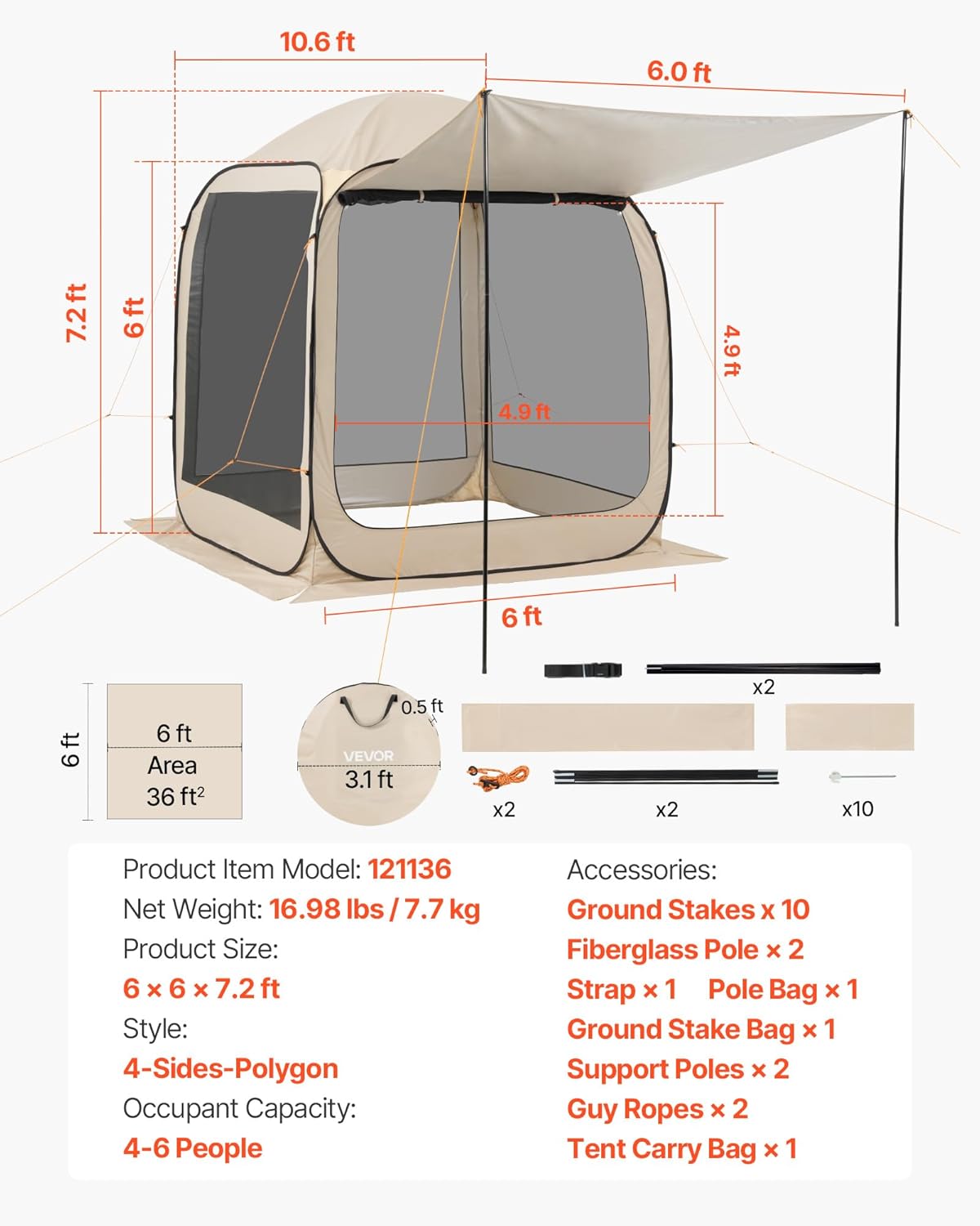 Pop Up Screen House Tent 6x6 Ft 4-6 Person Gazebo with Awning