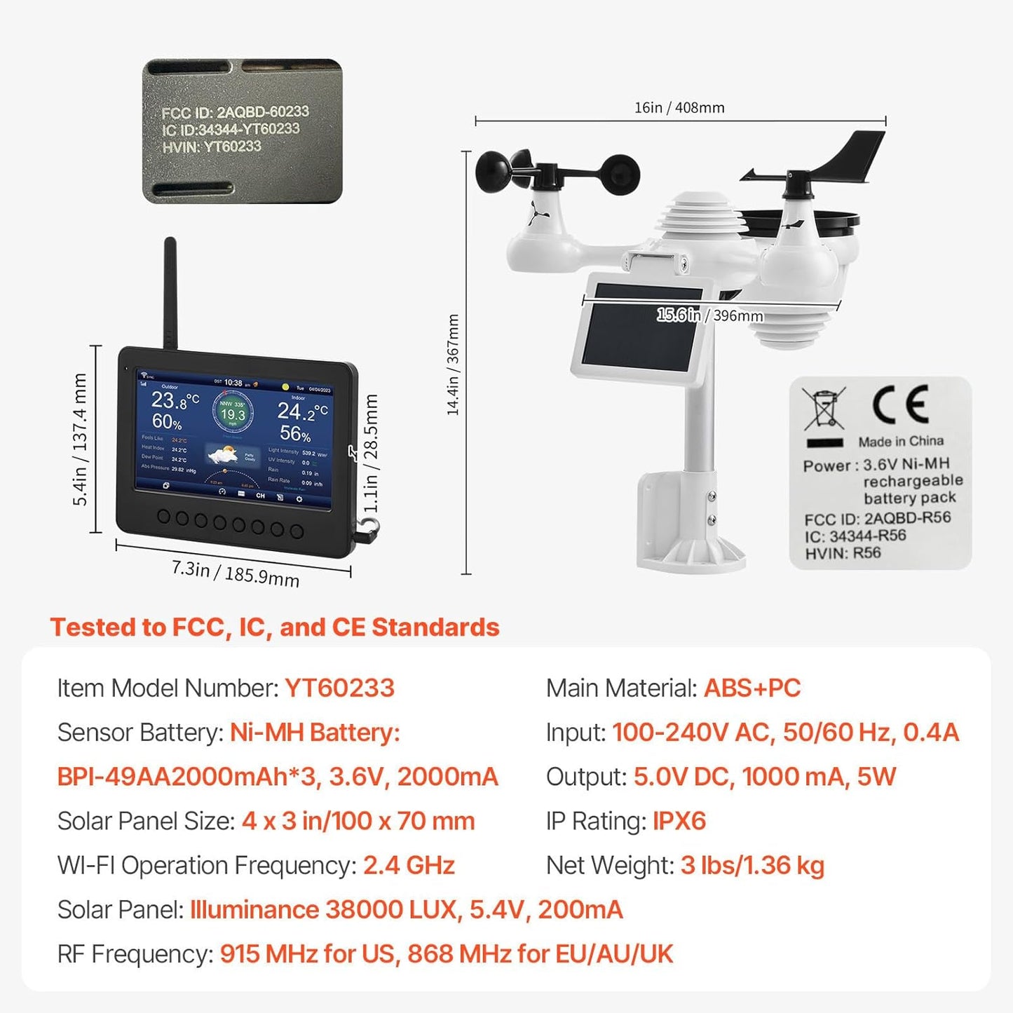 7-in-1 Wi-Fi Solar Self-Charging Weather Station with 7" TFT Color Display