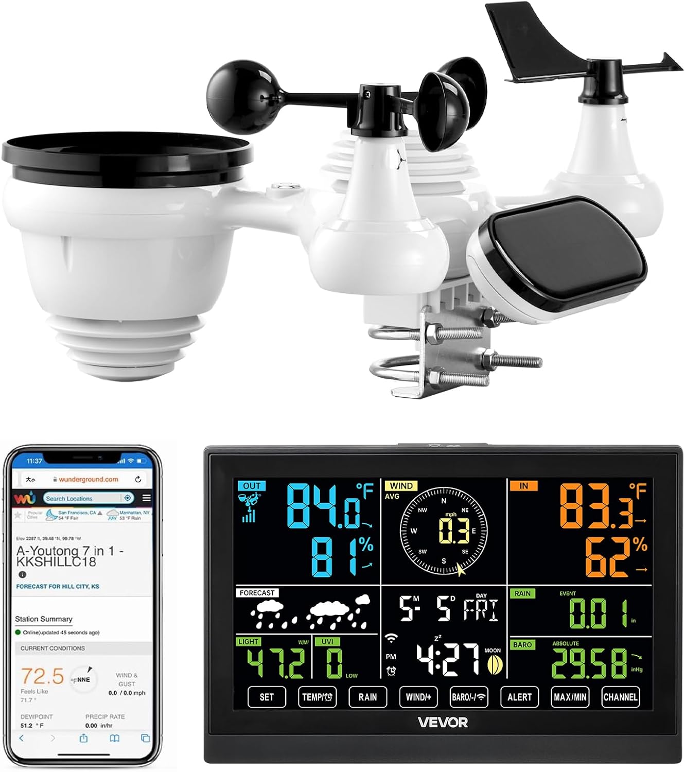 7-in-1 Wi-Fi Solar Self-Charging Weather Station with 7" TFT Color Display