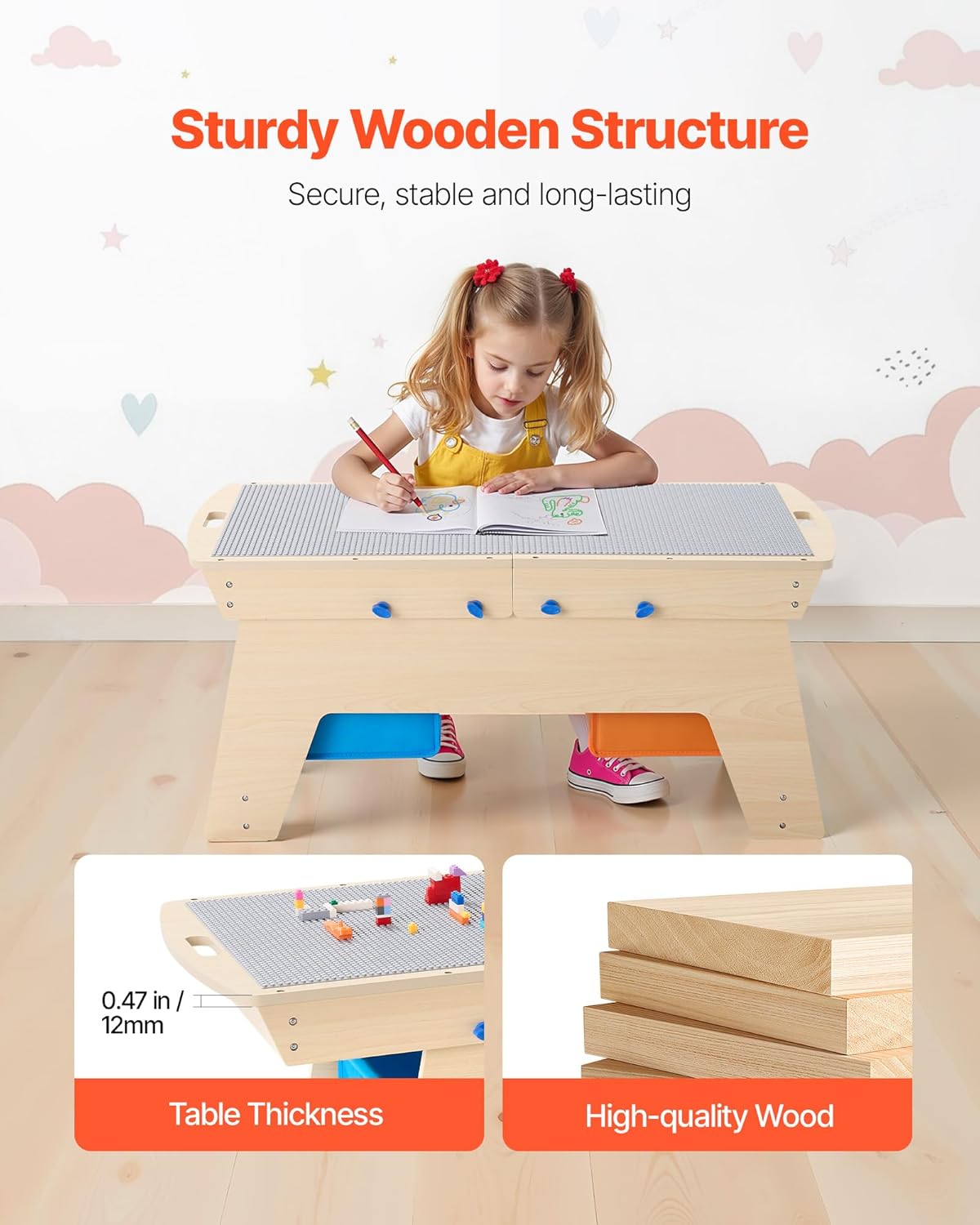 Kids Reversible Wooden Activity Table with 200 Building Bricks & 3 Storage Bins