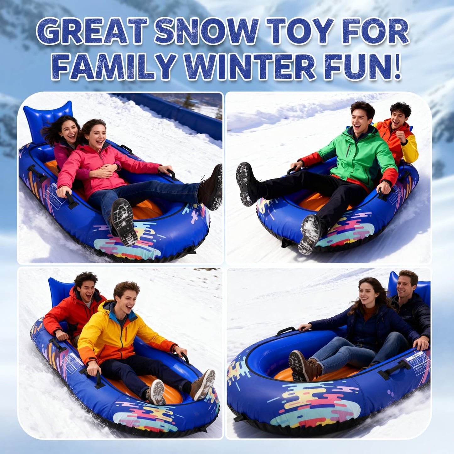 2-Person Snow Tube Heavy-Duty Inflatable Sled with 600D Cover, Backrest & Tow Rope