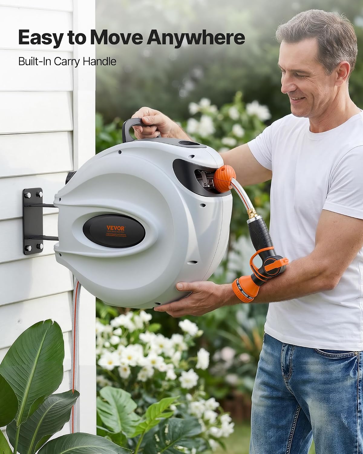 VEVOR Retractable Garden Hose Reel 100 ft x 1/2 inch with 9-Pattern Nozzle Wall-Mounted