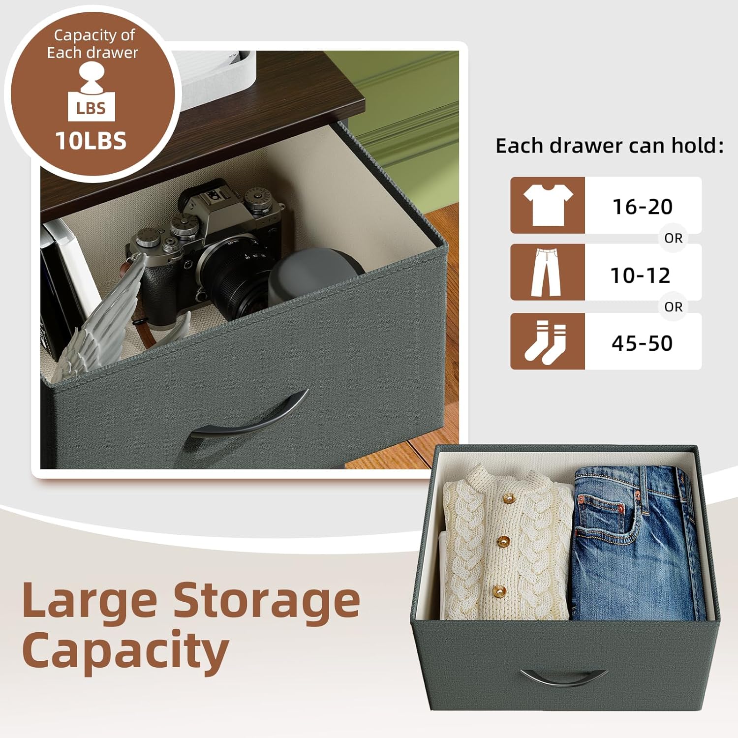 Somdot Bedside Table with 2 Fabric Drawers Charcoal Grey