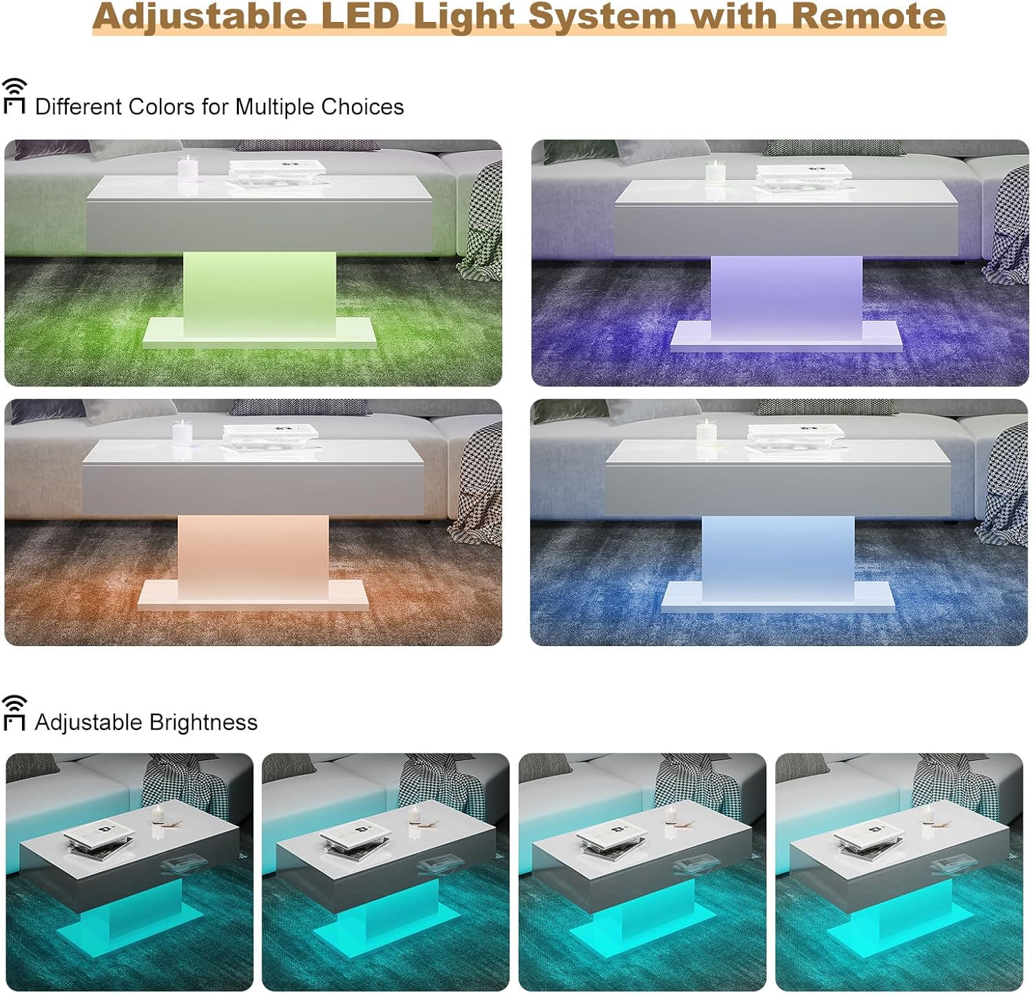 Led Coffee Table for Living Room Rectangular Center Table High Glossy Wooden 16 Colors Lights White