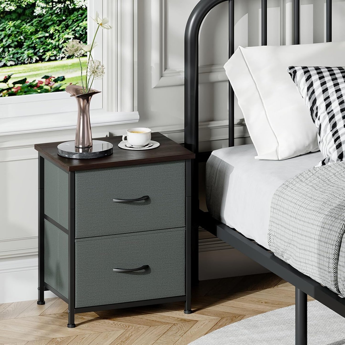 Somdot Bedside Table with 2 Fabric Drawers Charcoal Grey