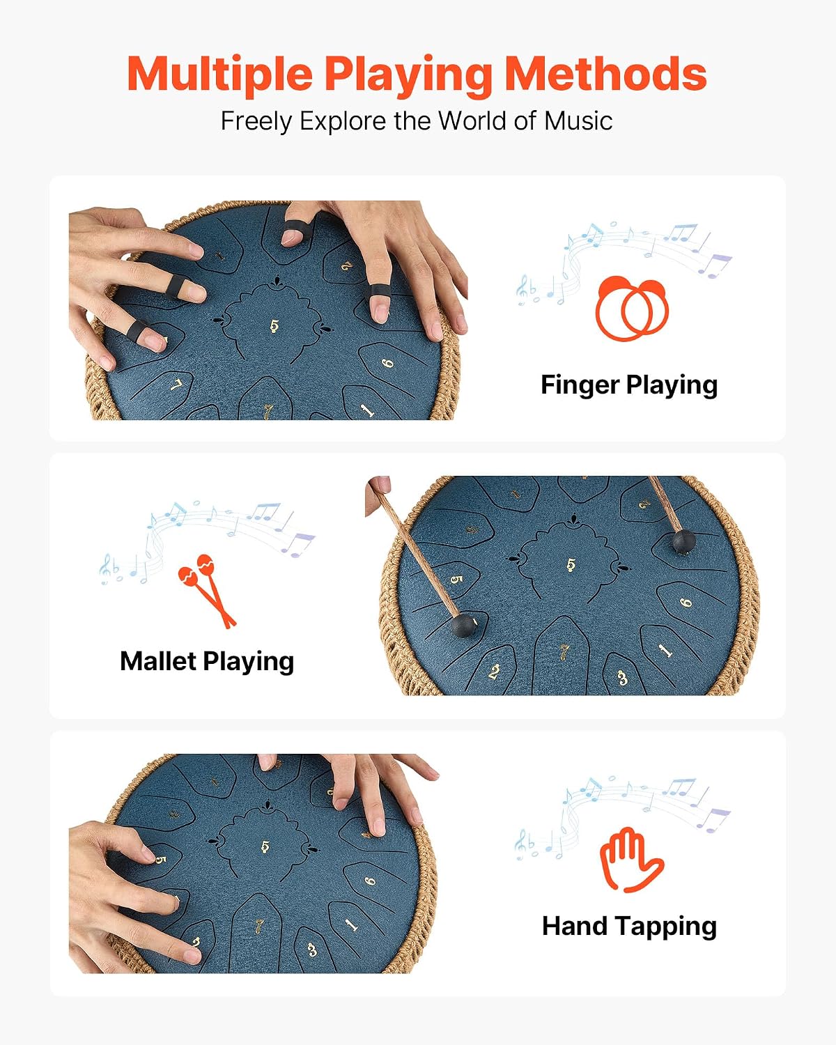 VEVOR Steel Tongue Drum 12 in 13 Notes C Major with Music Book & Mallets Navy Blue