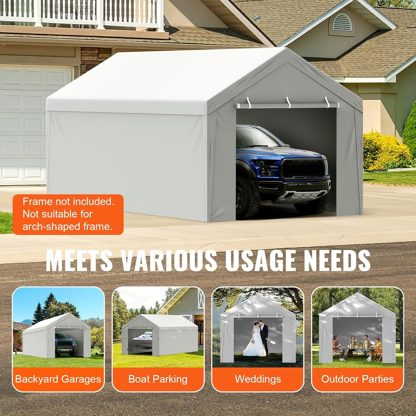 Carport Replacement Canopy Cover Top & Side Wall 10 x 20 ft Waterproof UV Protected Grey