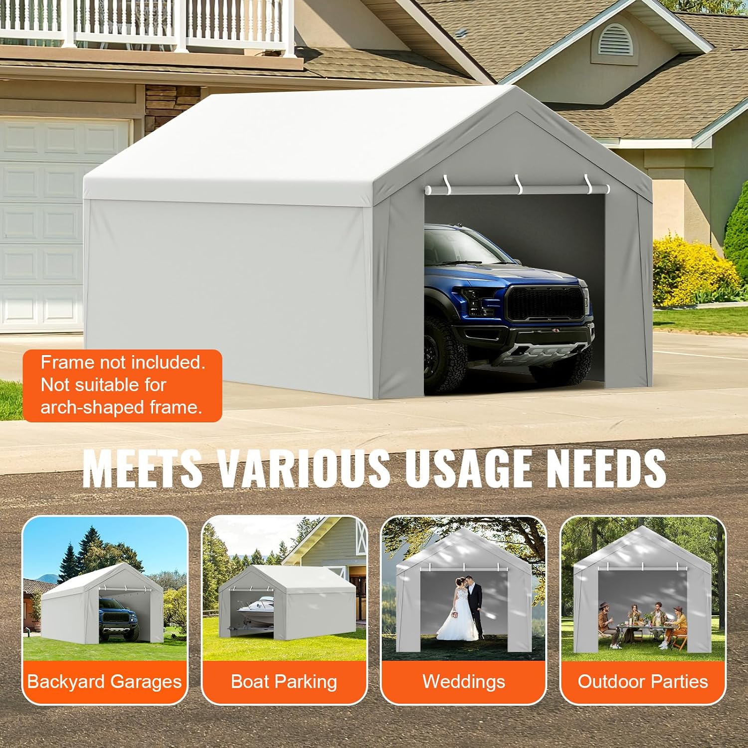 Carport Replacement Canopy Cover Top & Side Wall 10 x 20 ft Waterproof UV Protected Grey