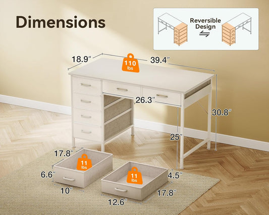 ODK Computer Desk with 6 Drawers 40 Inch Small Desk for Home Office White