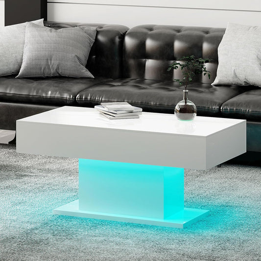 Led Coffee Table for Living Room Rectangular Center Table High Glossy Wooden 16 Colors Lights White
