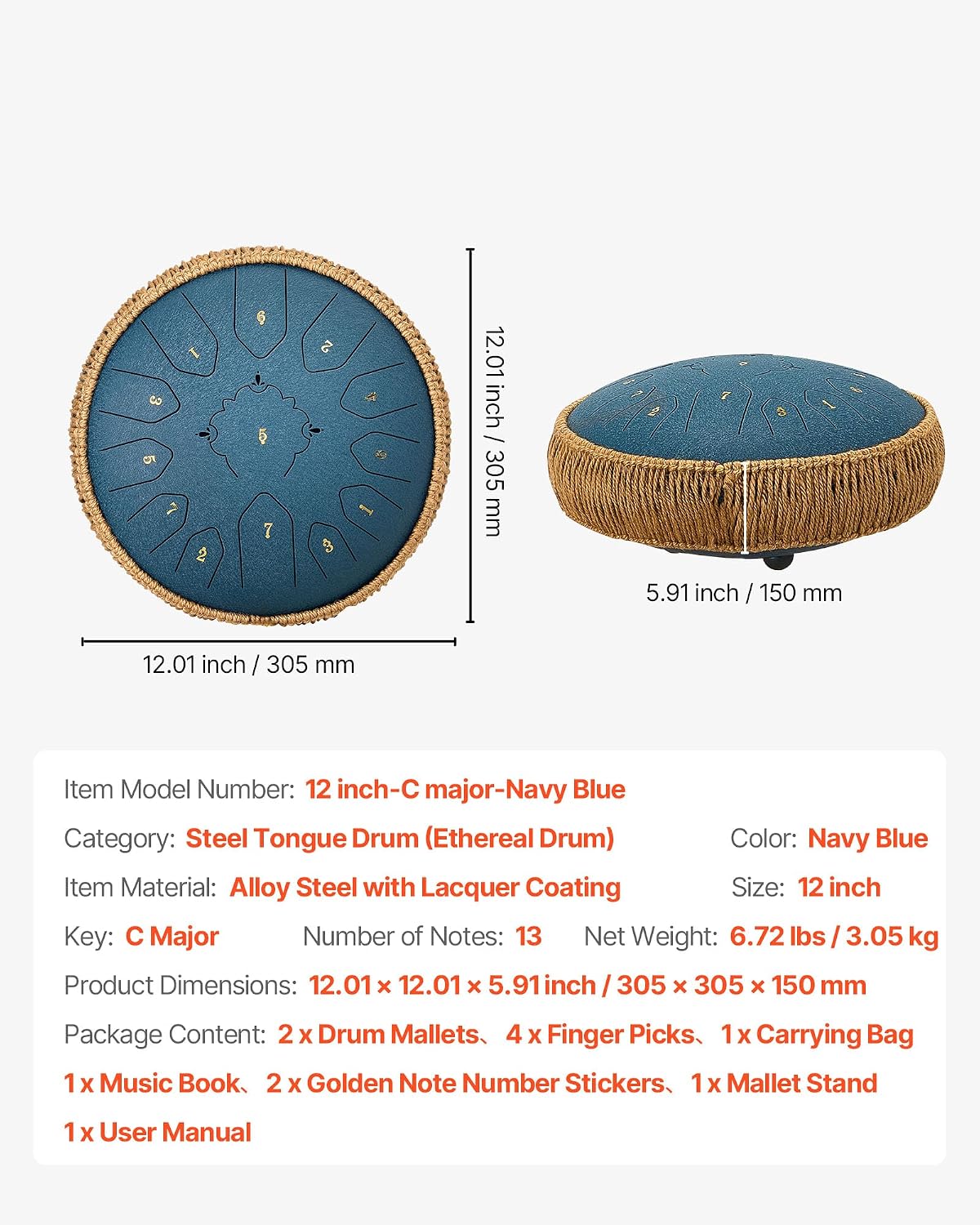 VEVOR Steel Tongue Drum 12 in 13 Notes C Major with Music Book & Mallets Navy Blue
