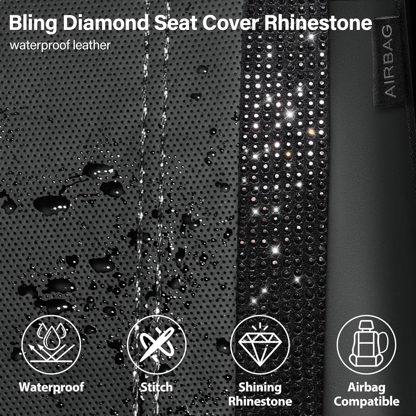 Leather Bling Diamond Car Seat Covers Full Set Rhinestone Waterproof Universal Fit Black